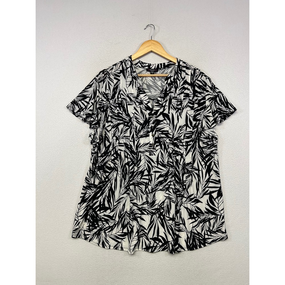 Tropical Leaf Cocomo Woman Womens 2X Black White Pleated V-Neck Tunic Top Casual